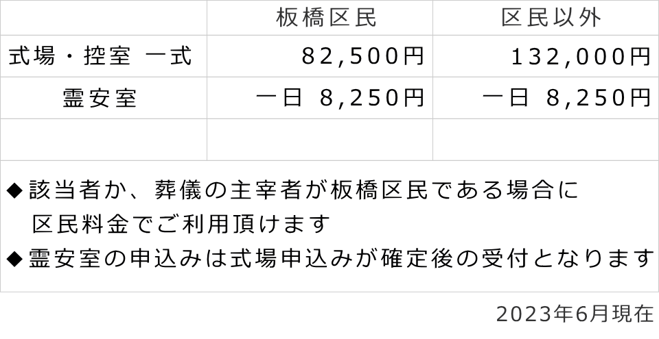 舟渡斎場　料金表